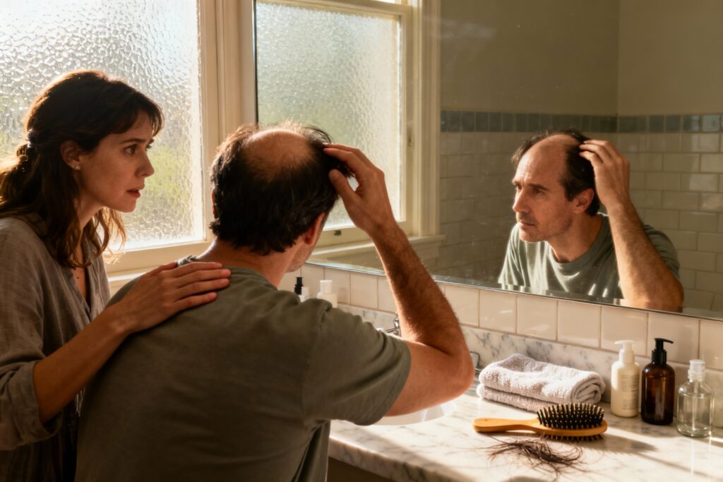 Illustration : Chute de cheveux homme : comment soutenir son partenaire